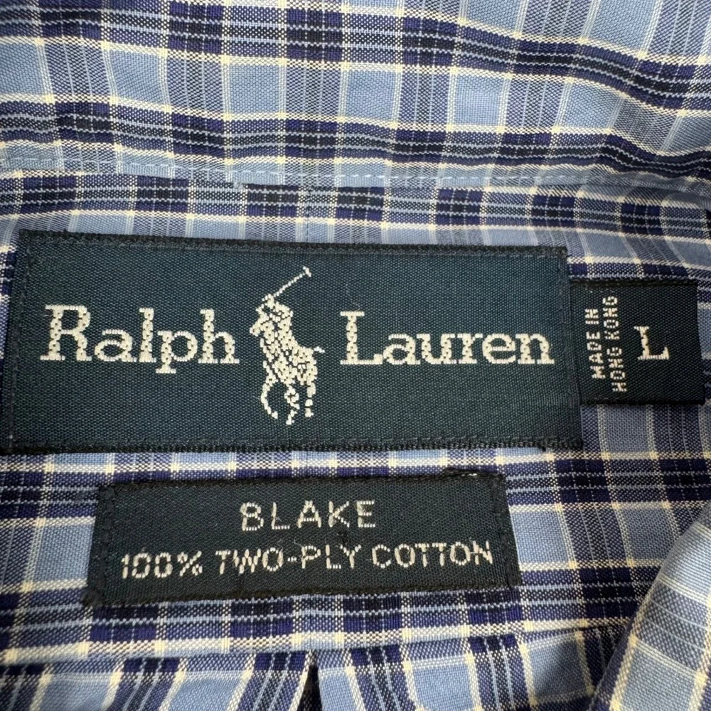 Ralph Lauren Blake Button Down Shirt Mens L Blue Check Two-Ply Cotton Long Slv